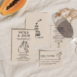 Retro Hand Drawn Sketchy Quirky Einzigartige Hochz Einladung