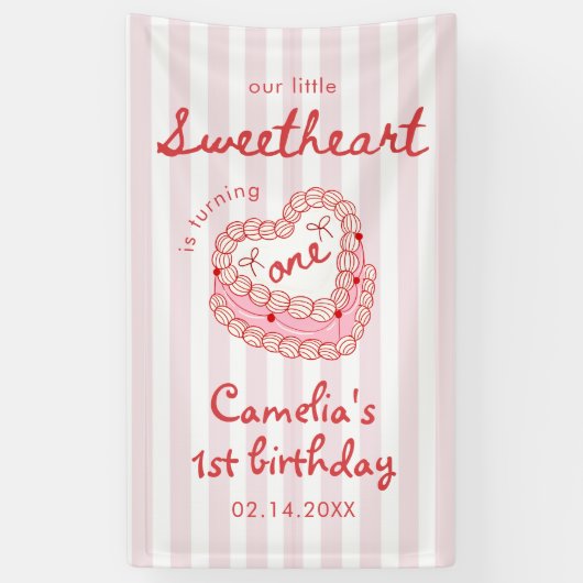Retro Hand Drawn Valentine Girl First Birthday Banner (Vertikal)