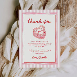 Retro Hand Drawn Valentine Girl First Birthday Dankeskarte