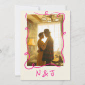 Retro Hand Drawn Vivid Pink Modern Photo Wedding Einladung (Rückseite)