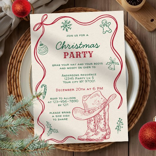 Retro Hand Drawn Western Cowboy Christmas Party Einladung