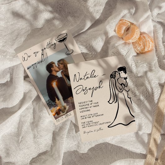 Retro Hand Drawn Written Couple Photo Wedding Einladung