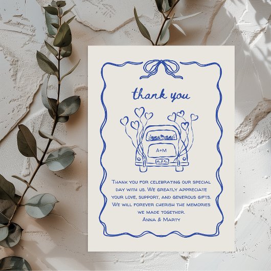 Retro Hand gezeichnet Blue Einzigartiges Bow Weddi Dankeskarte