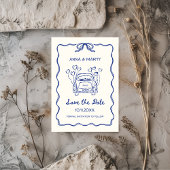 Retro Hand gezeichnet Blue Einzigartiges Bow Weddi Save The Date