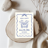 Retro Hand gezeichnet Blue Einzigartiges Bow Weddi Save The Date