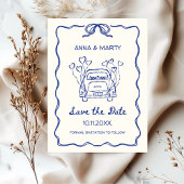 Retro Hand gezeichnet Blue Einzigartiges Bow Weddi Save The Date