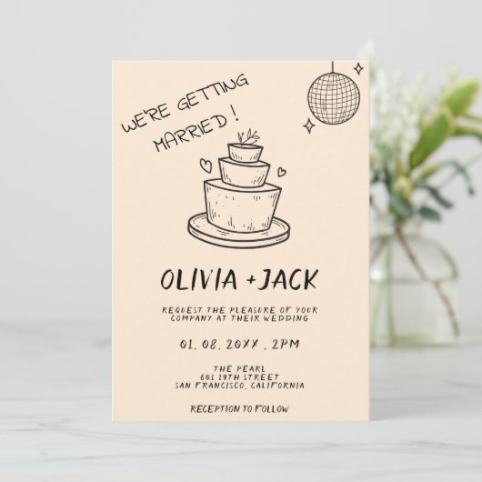 Retro Hand Gezeichnet Cake Scribble Wedding Einladung (Stehend Vorderseite)