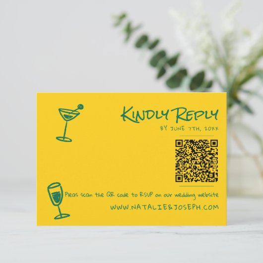 Retro Hand Gezeichnet farbige QR-Hochzeit RSVP Karte (Stehend Vorderseite)