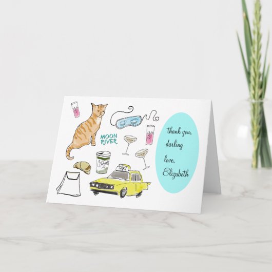 Retro Hand Gezeichnet Frühstück bei Tiffanys Girly Dankeskarte (Vorderseite)