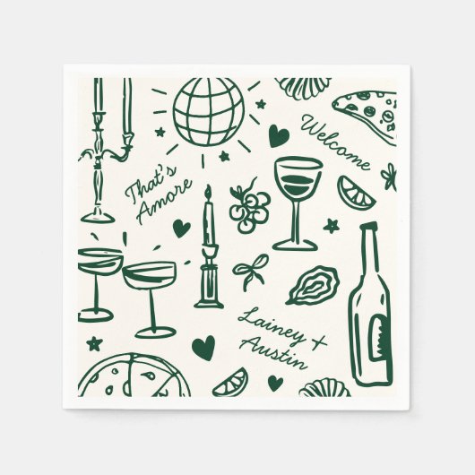 Retro Hand Gezeichnet Illustrierte Hochzeit Serviette (Vorderseite)