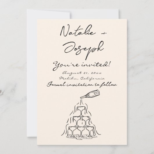 Retro Hand Gezeichnet Quirky Champagne Wedding Save The Date (Rückseite)