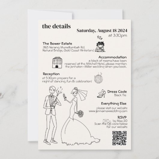 Retro Hand Gezeichnet Quirky Wedding Einladung (Rückseite)