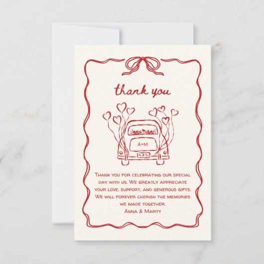 Retro Hand gezeichnet Red Unique Bow Wedding Car Dankeskarte (Vorderseite)