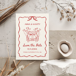 Retro Hand gezeichnet Red Unique Bow Wedding Car Save The Date