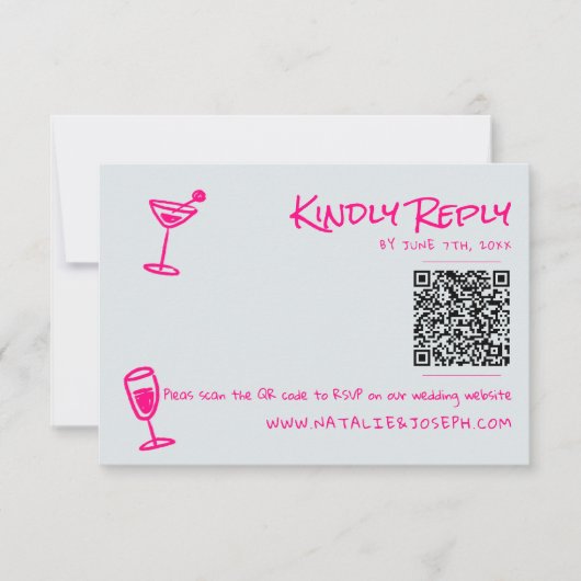 Retro Hand gezeichnet rosa Funky QR Code Hochzeit RSVP Karte (Vorderseite)