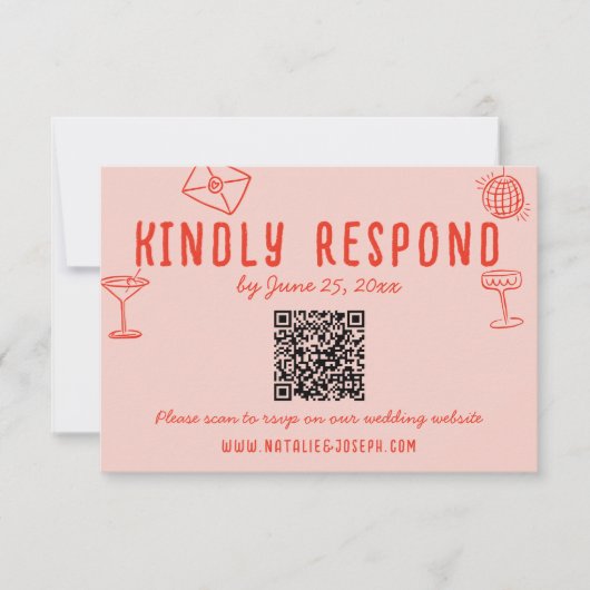 Retro Hand gezeichnet rosa rosa Einzigartiger QR C RSVP Karte (Vorderseite)