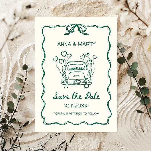 Retro Hand gezeichnet Sage Green Einzigartiges Bow Save The Date