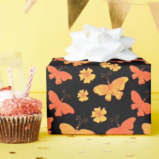 Retro Hand Gezeichnet Schmetterlingsmuster Orange Geschenkpapier (Geburtstagsparty)