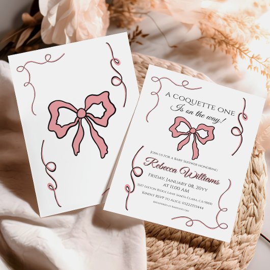 Retro Hand gezeichnete Coquette Pink Bow Baby Dusc Einladung