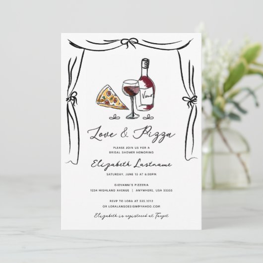 Retro Hand gezeichnete Liebe und Pizza-Brautparty Einladung (Stehend Vorderseite)