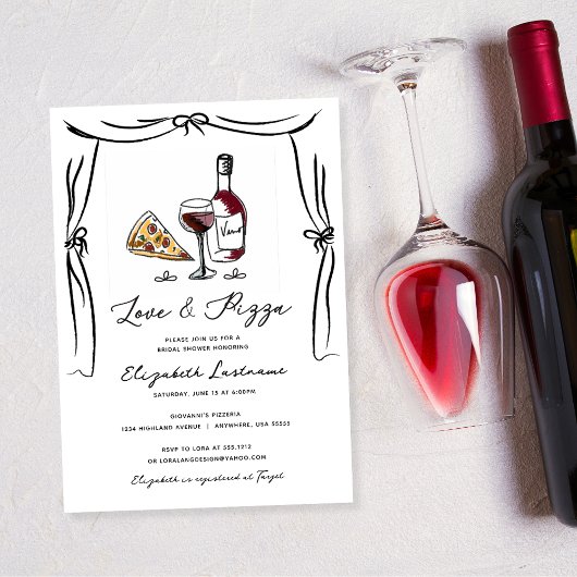 Retro Hand gezeichnete Liebe und Pizza-Brautparty Einladung