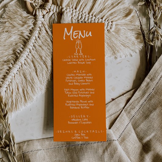 Retro Hand Written Drawn Orange Quirky Fun Wedding Menükarte