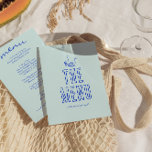 Retro Handgeschriebene, Gezeichnet farbenfrohe Hoc Menükarte<br><div class="desc">Ein buntes Retro funky modernes helles Abendmenü. Das Design der schicken Vorlage boho Vintagen Himmel blauer Hintergrund und blauer Typografie und handgeschriebenes Menü in blau und handgezeichnet Stück Kuchen und Glas und Blume und Kerze . Und heller,  grüner Hintergrund. Perfekt und passend zu der ganzen Suite.</div>