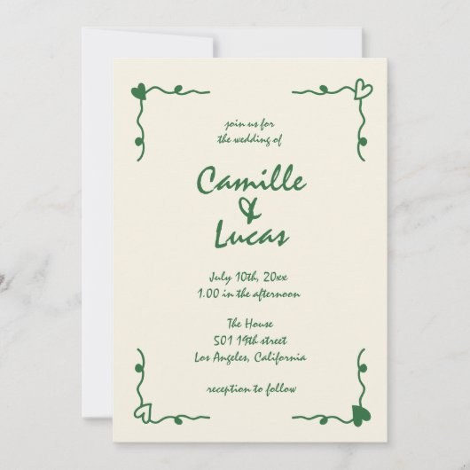 Retro Handgeschriebene Whimsical Green Wedding Einladung (Vorderseite)