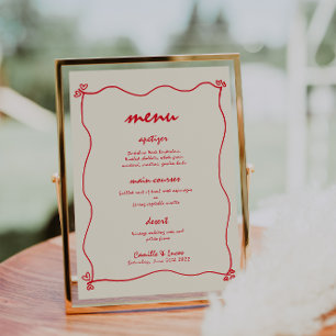 Retro Handgeschriebenes Menü mit Whimsical Red Wed Einladung
