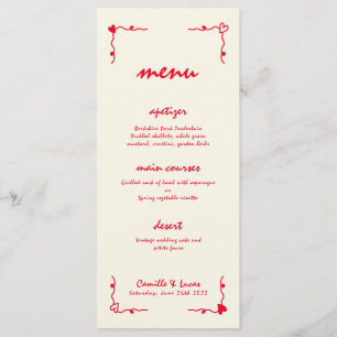 Retro Handgeschriebenes Menü mit Whimsical Red Wed Menükarte