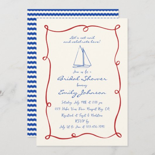 Retro Handgeschriebenes nautisches Segelboot-Braut Einladung (Vorne/Hinten)