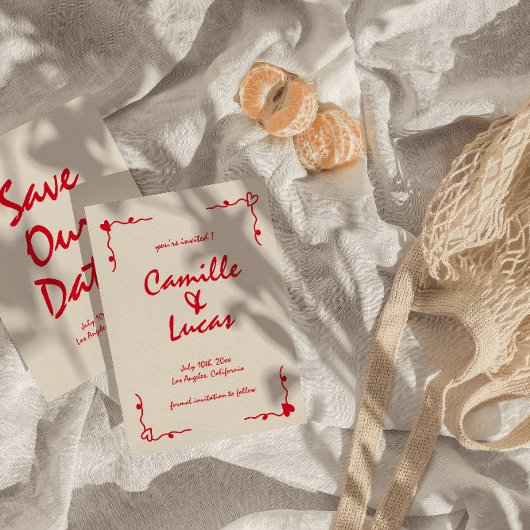 Retro Handgeschriebenes whimsical Red Speichern Si Einladung