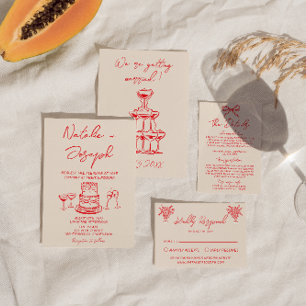 Retro handgezeichnete rote Hochzeitstorte Quirky U Einladung