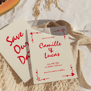 Retro-Handschrift Whimsical Rote Save-the-Dates Einladung