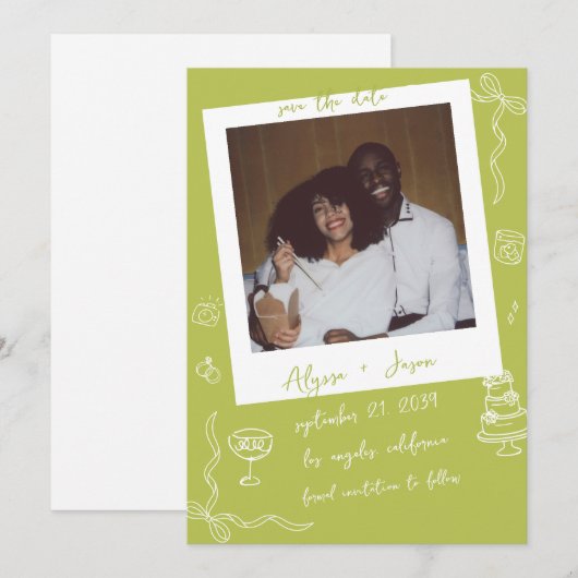 Retro Handwritten Hand Drawn Chartreuse Wedding Save The Date (Vorne/Hinten)