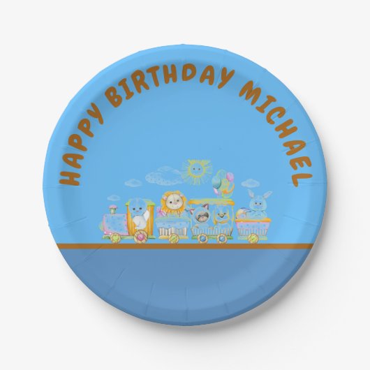 Retro Happy Birthday Animal Train Paper Plate Pappteller (Vorderseite)