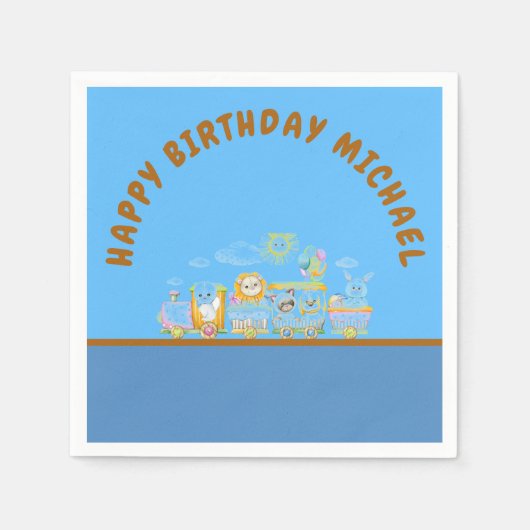 Retro Happy Birthday Animal Train Paper Plate Serviette (Vorderseite)