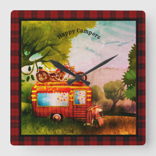 Retro Happy Campers Trailer Müll Büffel Karo Quadratische Wanduhr