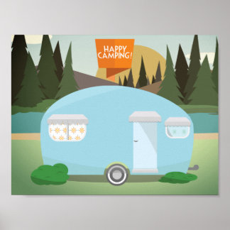 Retro Happy Camping, Vintage Camper Poster