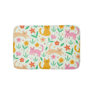 Retro Happy Cats with Orange Red and peach flowers Badematte