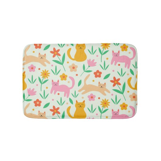 Retro Happy Cats with Orange Red and peach flowers Badematte (Vorderseite)