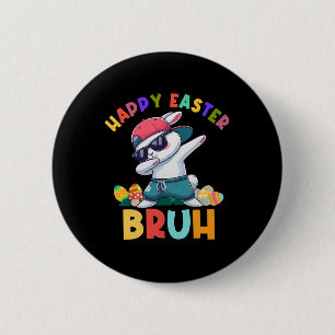 Retro Happy Easter Bruh Dabbing Bunny Kids Boys Button