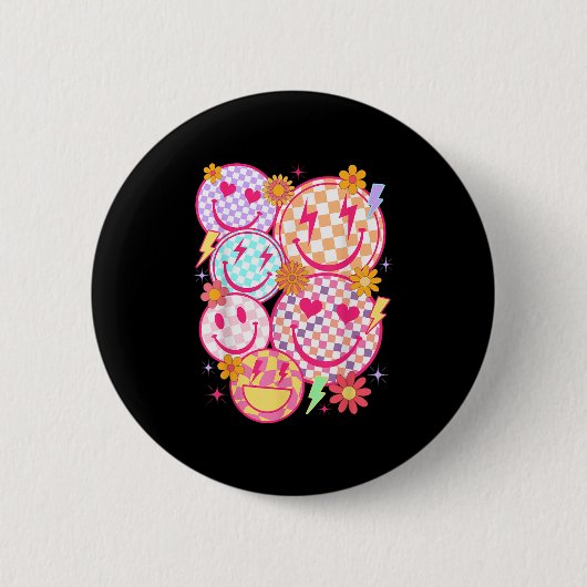 Retro Happy Face Checkered Pattern Smile Face Tren Button (Vorderseite)