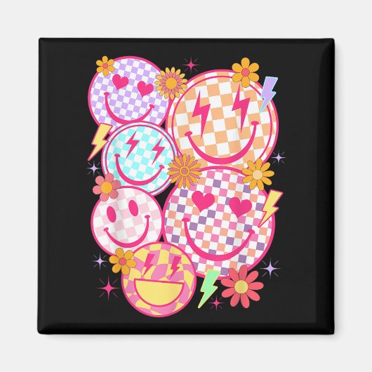 Retro Happy Face Checkered Pattern Smile Face Tren Magnet (Vorne)