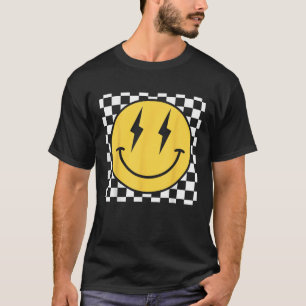 Retro Happy Face Distressed Checkered Pattern Smil T-Shirt