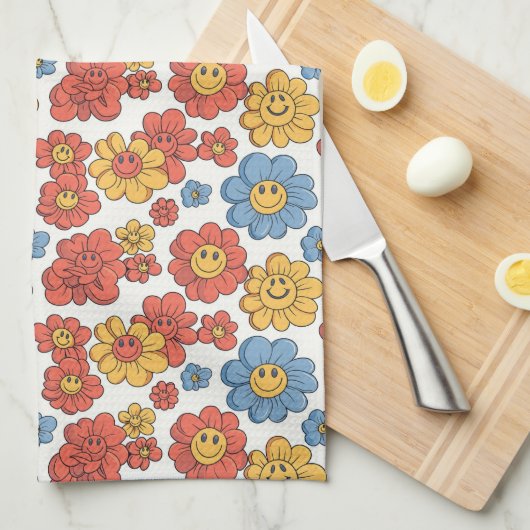 Retro Happy Face Florals  Geschirrtuch (Viertel Falte)