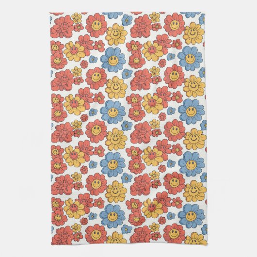 Retro Happy Face Florals  Geschirrtuch (Vertikal)