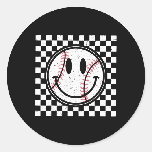 Retro Happy Face Game Day Baseball Pattern Smile F Runder Aufkleber (Vorderseite)