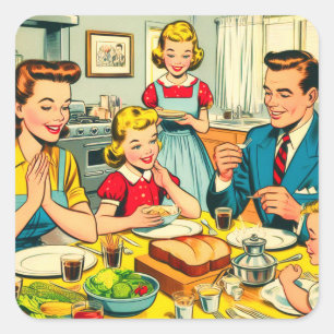 Retro Happy Family Comic Quadratischer Aufkleber