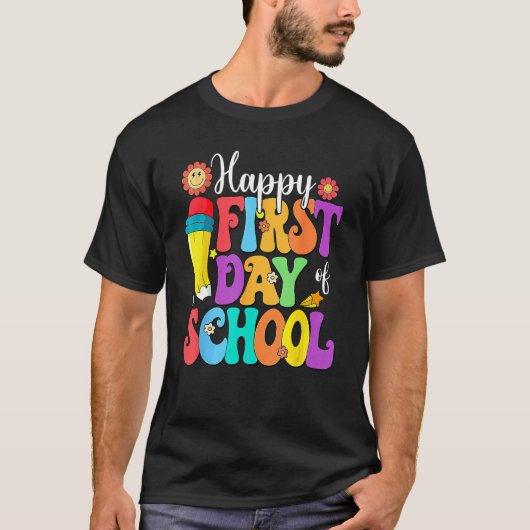 Retro Happy First Day Of School Teacher Back To Sc T-Shirt (Vorderseite)